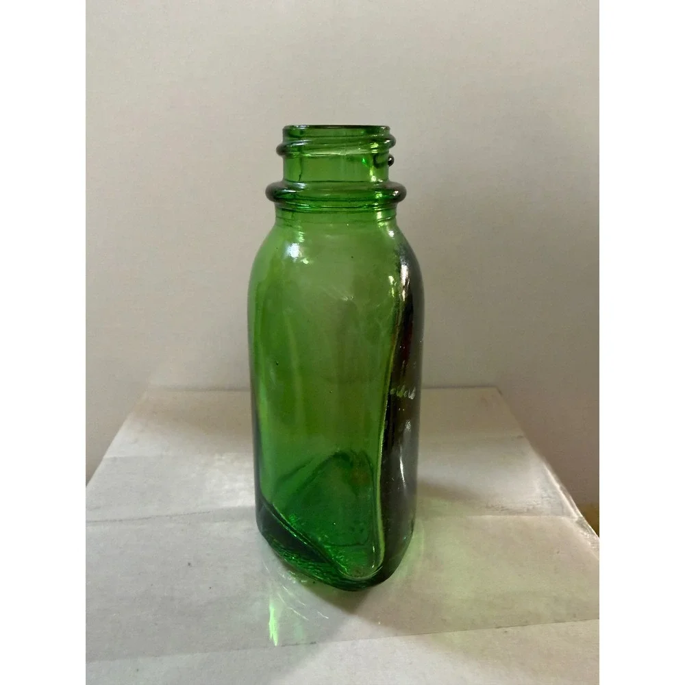 Vintage Emerald Green Glass Bottle Small Triangular Apothecary Bud Vase 3 inch